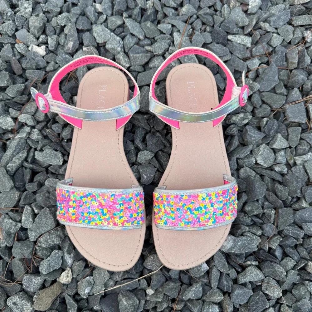 The Childrens Place Girls Sequin Holographic Ankle Strap Sandals Size 3